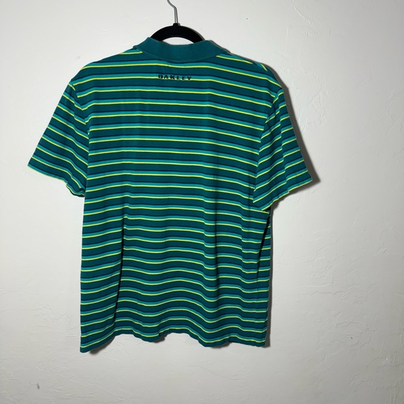 Oakley Polo Shirt Mens Size Large Green Yellow Striped Short Sleeve Regular Fit - Picture 4 of 5